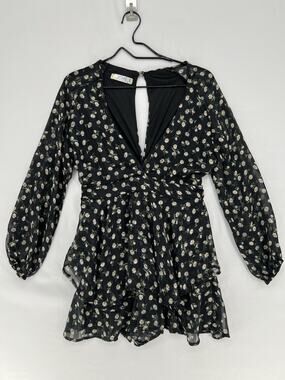 Vimi Moda Daisy Floral Romper Womens Small Black Sheer Tie Waist Boho Shorts